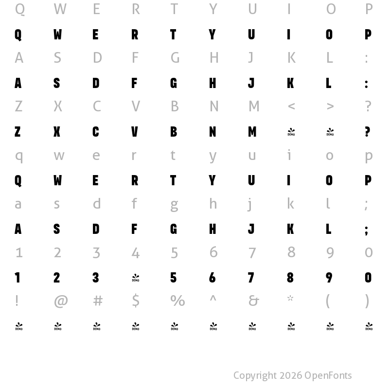 Character Map of FONTSPRING DEMO - Organetto UltraCnd UltraBold Regular