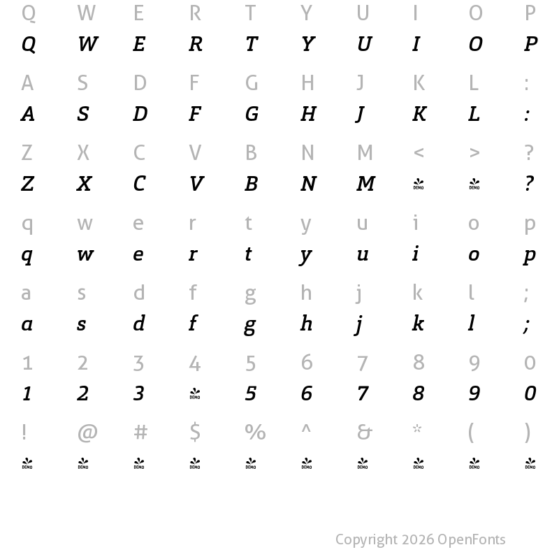Character Map of FONTSPRING DEMO - Orgon Slab Medium Italic