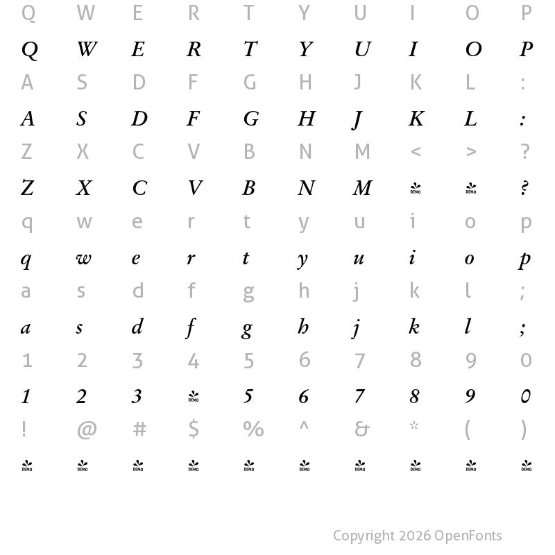 Character Map of FONTSPRING DEMO - OriginalGaramond BT Bold Italic
