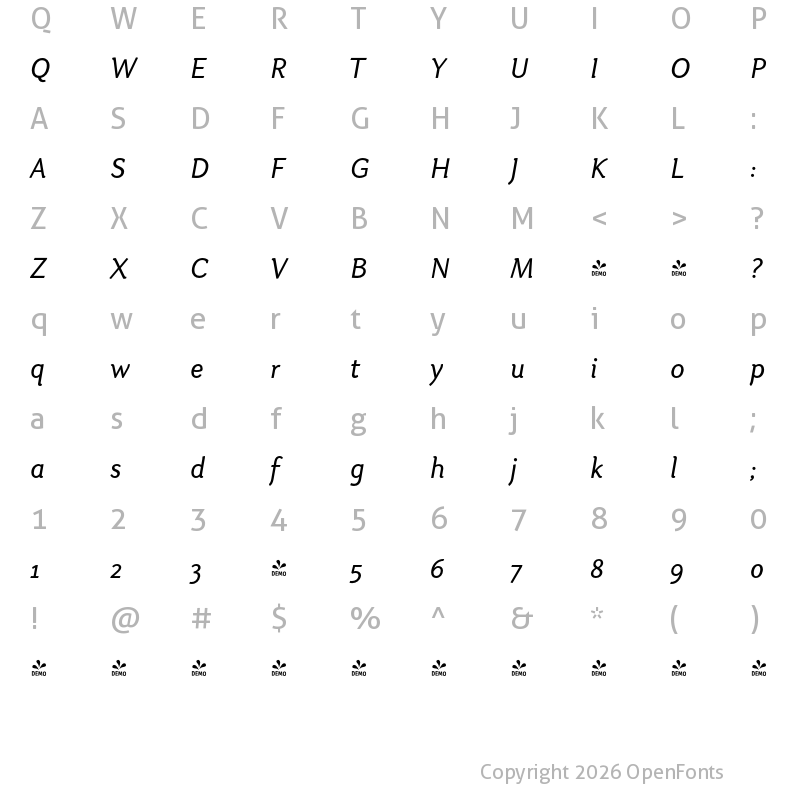 Character Map of FONTSPRING DEMO - Otari-RegularItalic Regular