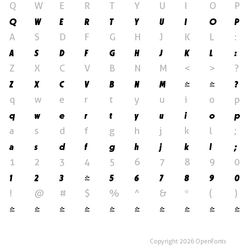 Character Map of FONTSPRING DEMO - Otterco Display ExtraBold Italic