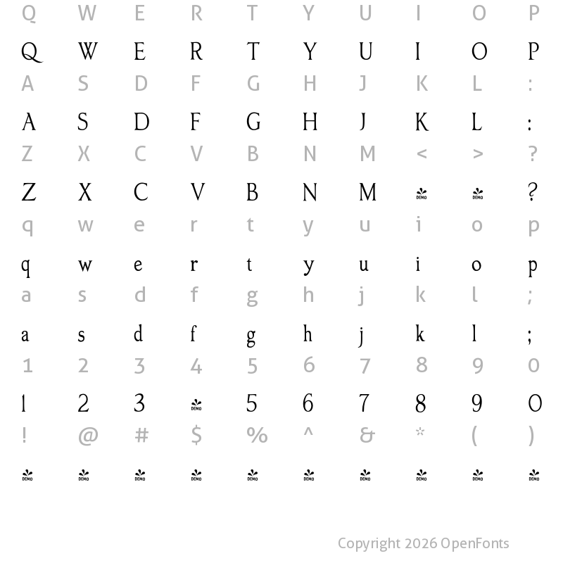 Character Map of FONTSPRING DEMO - Oxonia Roman Condensed Condensed Regular
