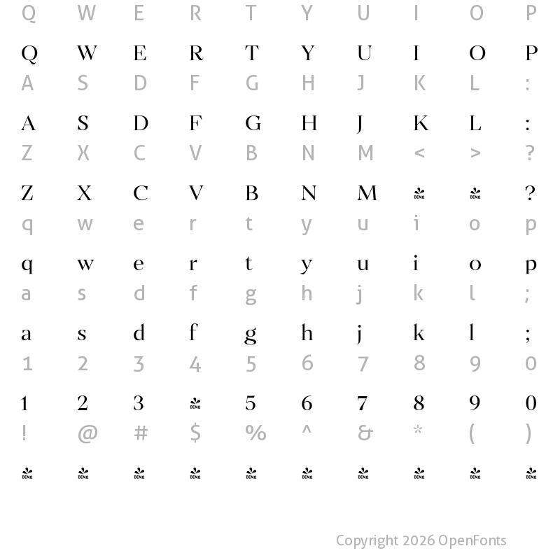Character Map of FONTSPRING DEMO - Ozana Pro Display Light Regular