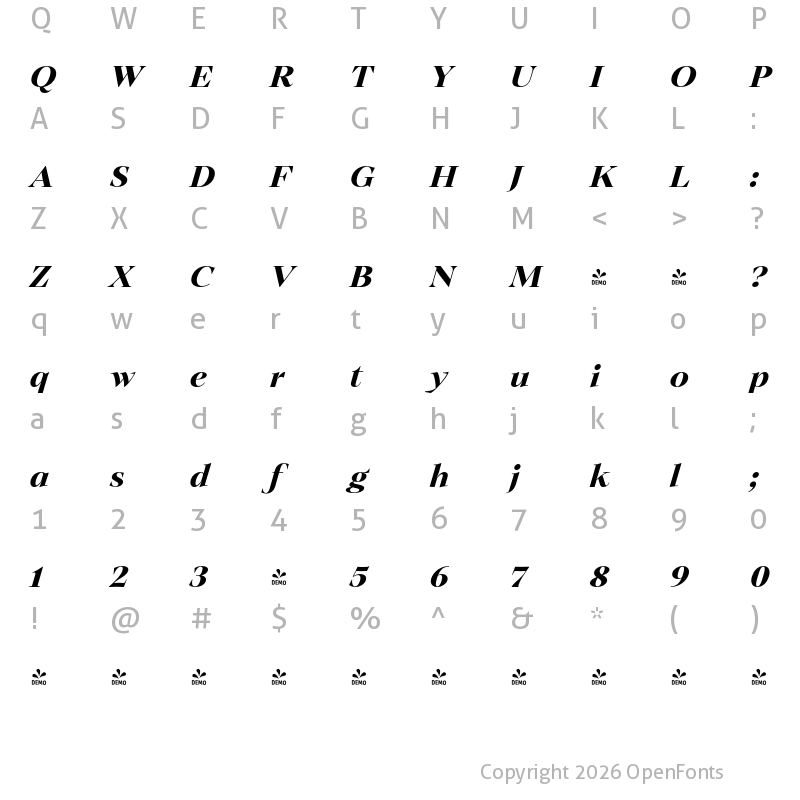 Character Map of FONTSPRING DEMO - Ozana Pro Display Ozana Pro Display Bold Italic