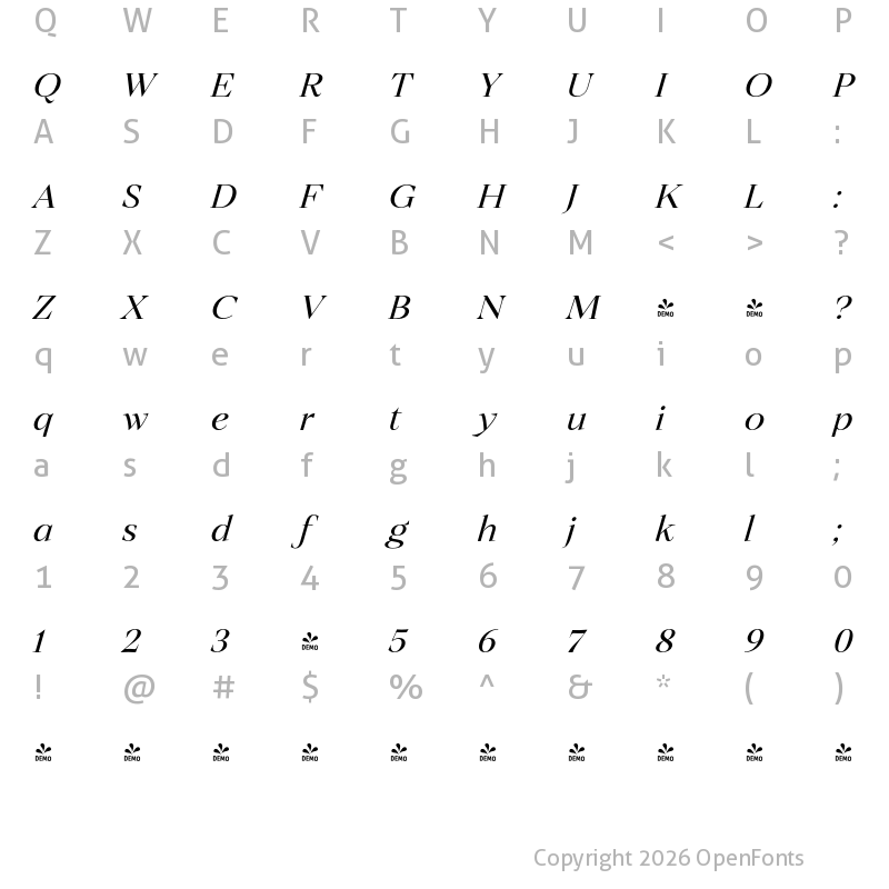 Character Map of FONTSPRING DEMO - Ozana Pro Display Ozana Pro Display Light Italic