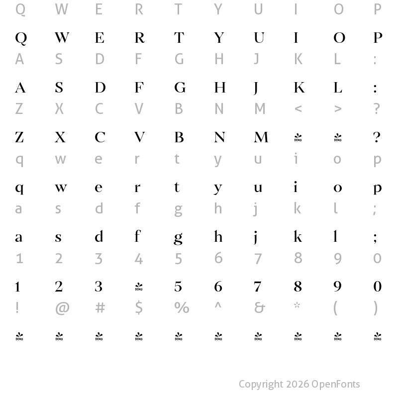 Character Map of FONTSPRING DEMO - Ozana Pro Display Regular