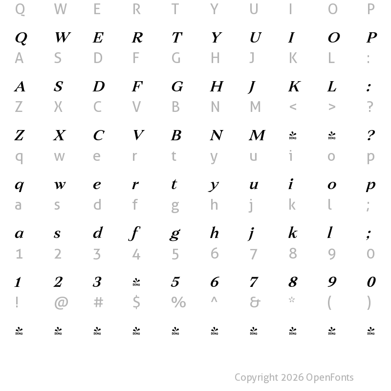 Character Map of FONTSPRING DEMO - Ozana Pro Text Ozana Pro Text Medium Italic