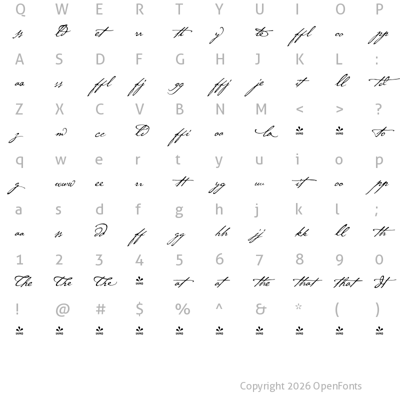 Character Map of FONTSPRING DEMO - P22 Cezanne Ligatures Regular