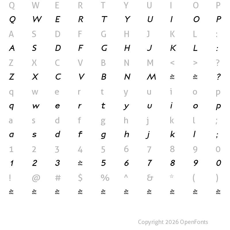 Character Map of FONTSPRING DEMO - P22 Coda Bold Italic