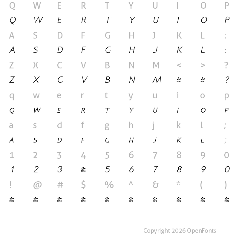 Character Map of FONTSPRING DEMO - P22 Coda Small Caps Italic