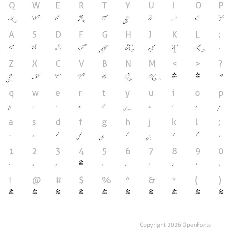 Character Map of FONTSPRING DEMO - P22 Dearest Swash Regular