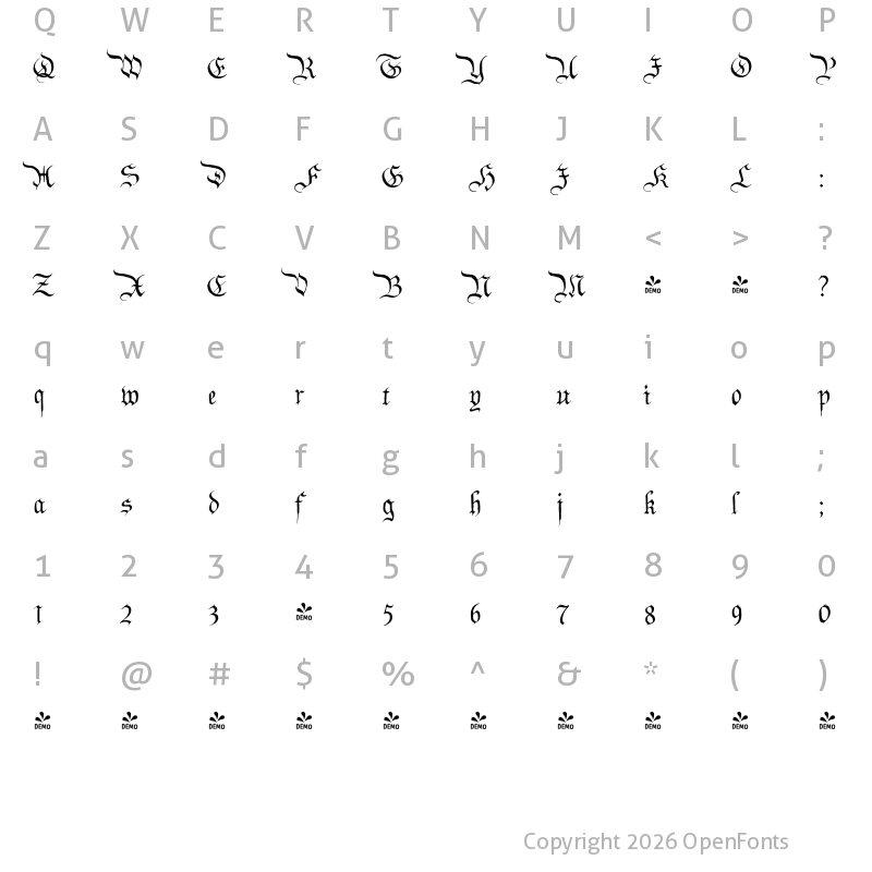 Character Map of FONTSPRING DEMO - P22 Declaration Blackletter Regular