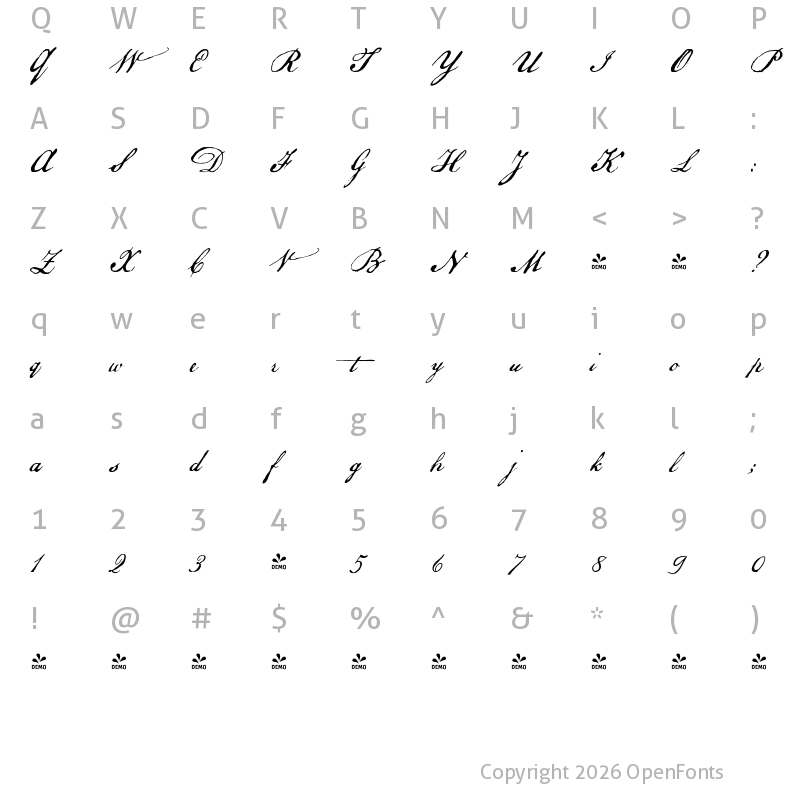 Character Map of FONTSPRING DEMO - P22 Declaration Script Regular