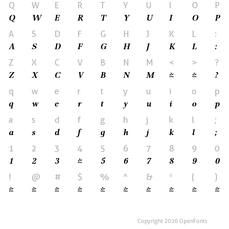 Character Map of FONTSPRING DEMO - P22 Foxtrot Bold Italic