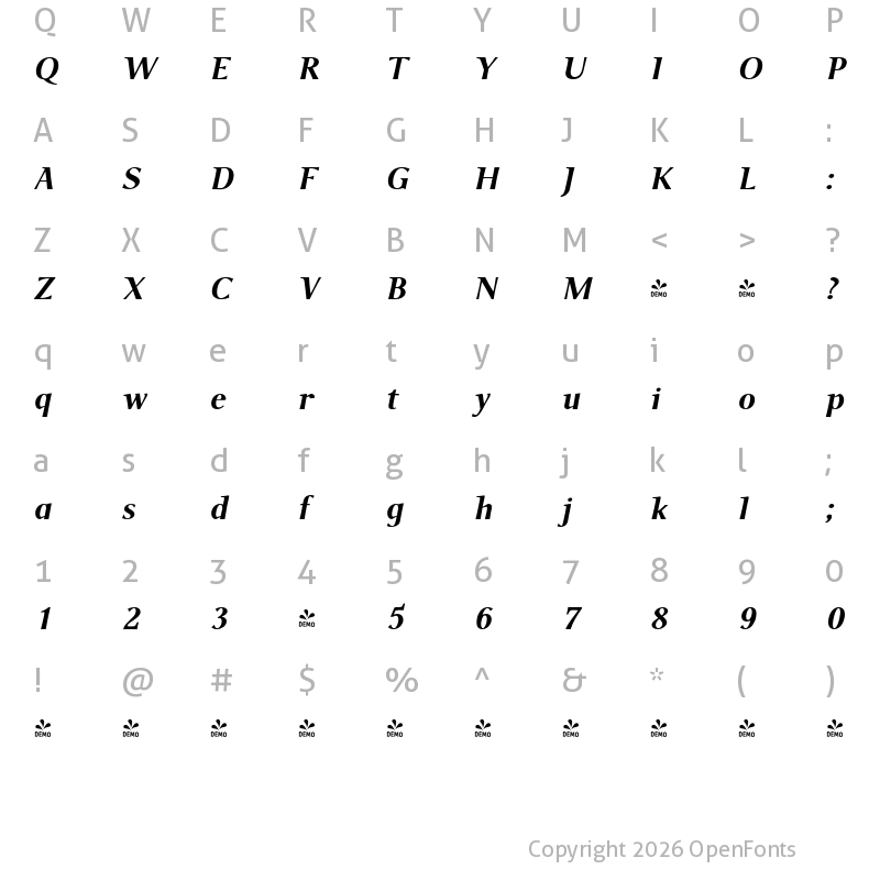 Character Map of FONTSPRING DEMO - P22 Foxtrot Sans Bold Italic