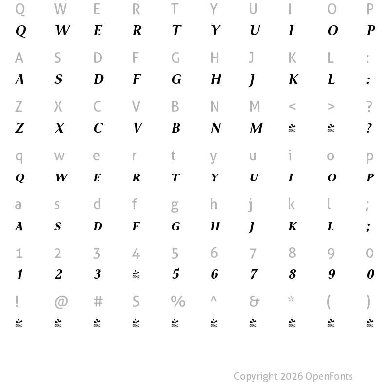 Character Map of FONTSPRING DEMO - P22 Foxtrot Sans SC Bold Italic