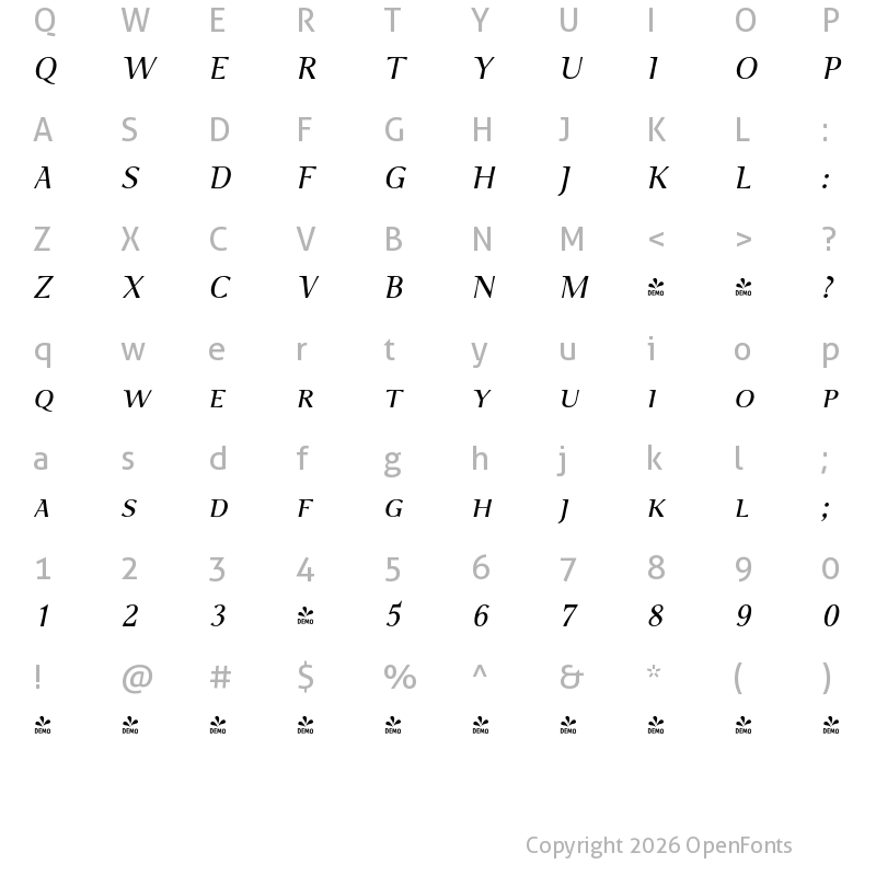 Character Map of FONTSPRING DEMO - P22 Foxtrot Sans SC Italic