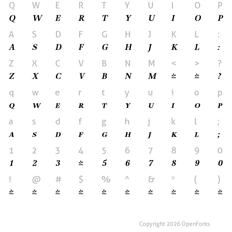 Character Map of FONTSPRING DEMO - P22 Foxtrot SC Bold Italic