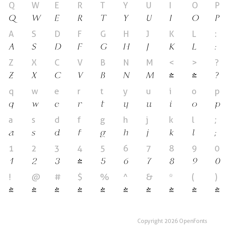 Character Map of FONTSPRING DEMO - P22 Kirkwall Pro Italic