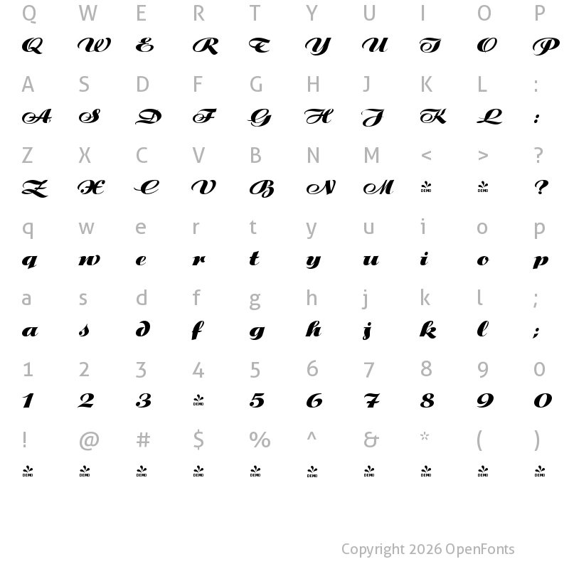 Character Map of FONTSPRING DEMO - P22 Klauss Kursiv Regular