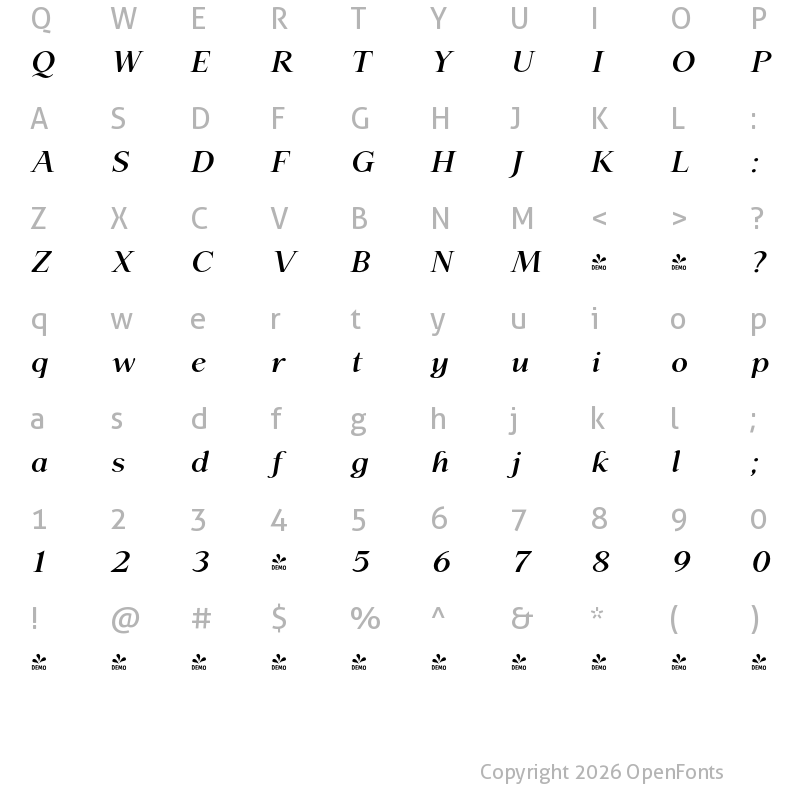 Character Map of FONTSPRING DEMO - P22 Late November Bold Italic