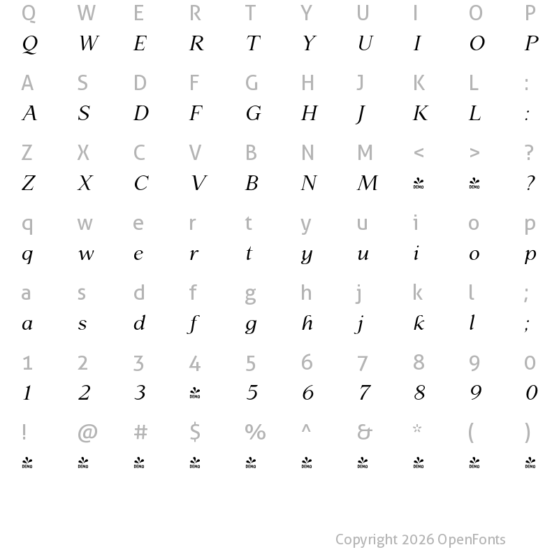 Character Map of FONTSPRING DEMO - P22 Late November Italic