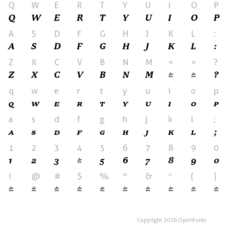 Character Map of FONTSPRING DEMO - P22 Mackinac Ex Bold SC Italic