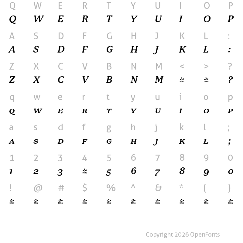 Character Map of FONTSPRING DEMO - P22 Mackinac SC Bold Italic