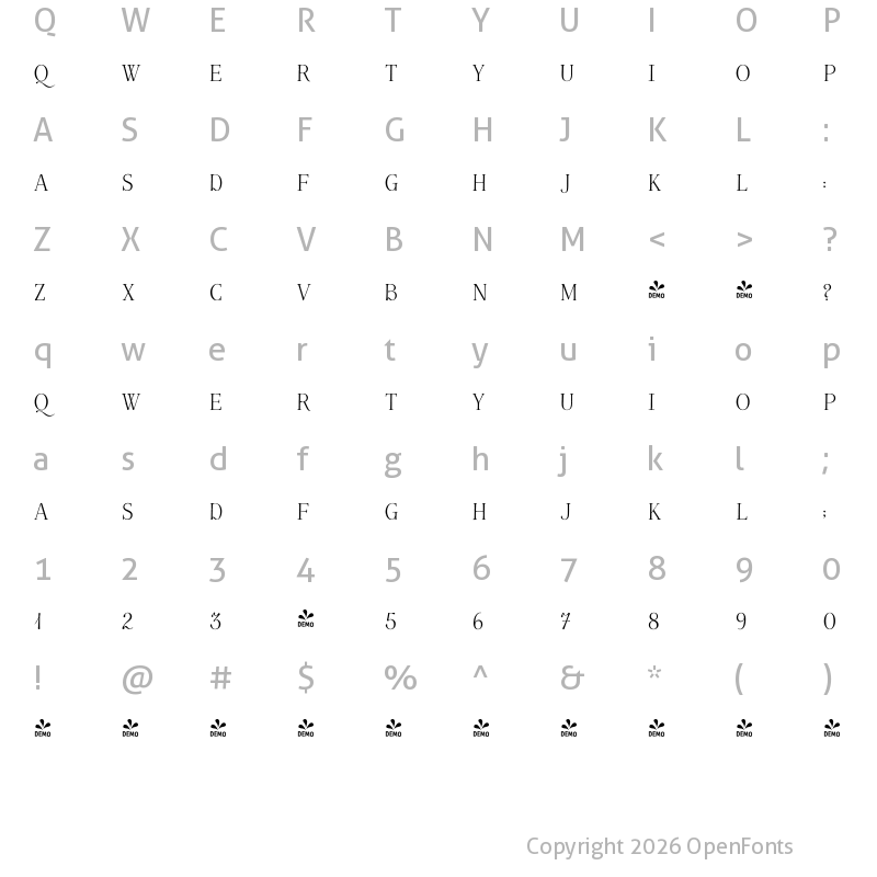 Character Map of FONTSPRING DEMO - P22 Marcel Caps Regular