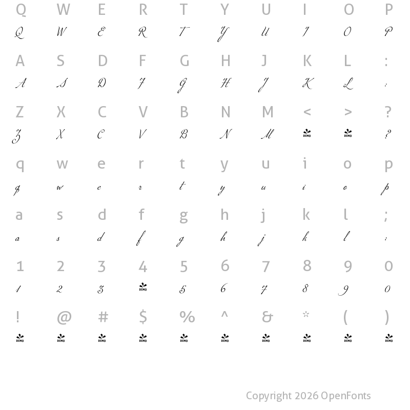 Character Map of FONTSPRING DEMO - P22 Marcel Script Regular