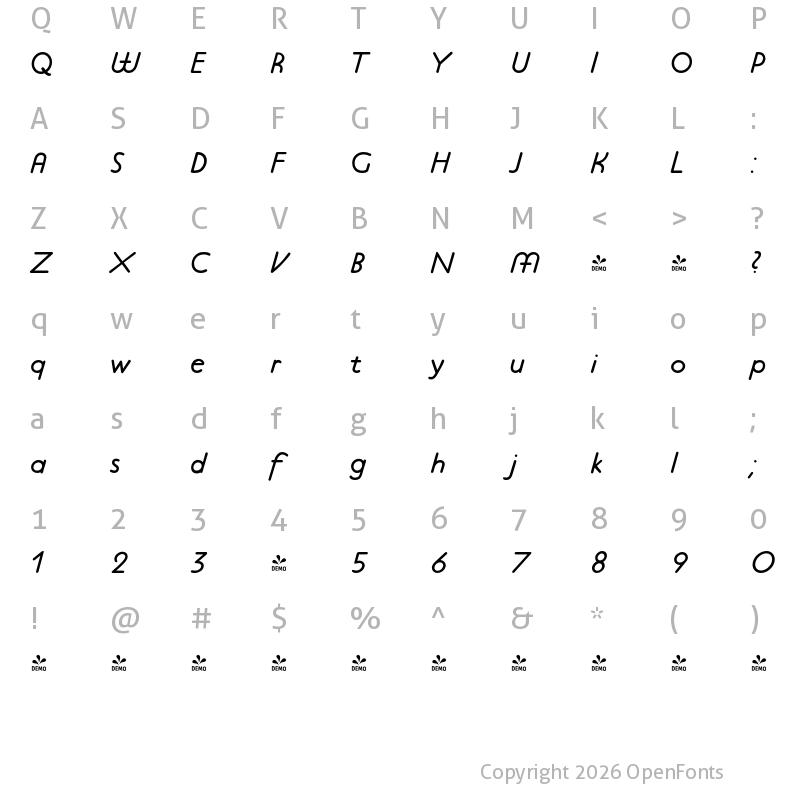 Character Map of FONTSPRING DEMO - P22 Platten Neu Pro Italic