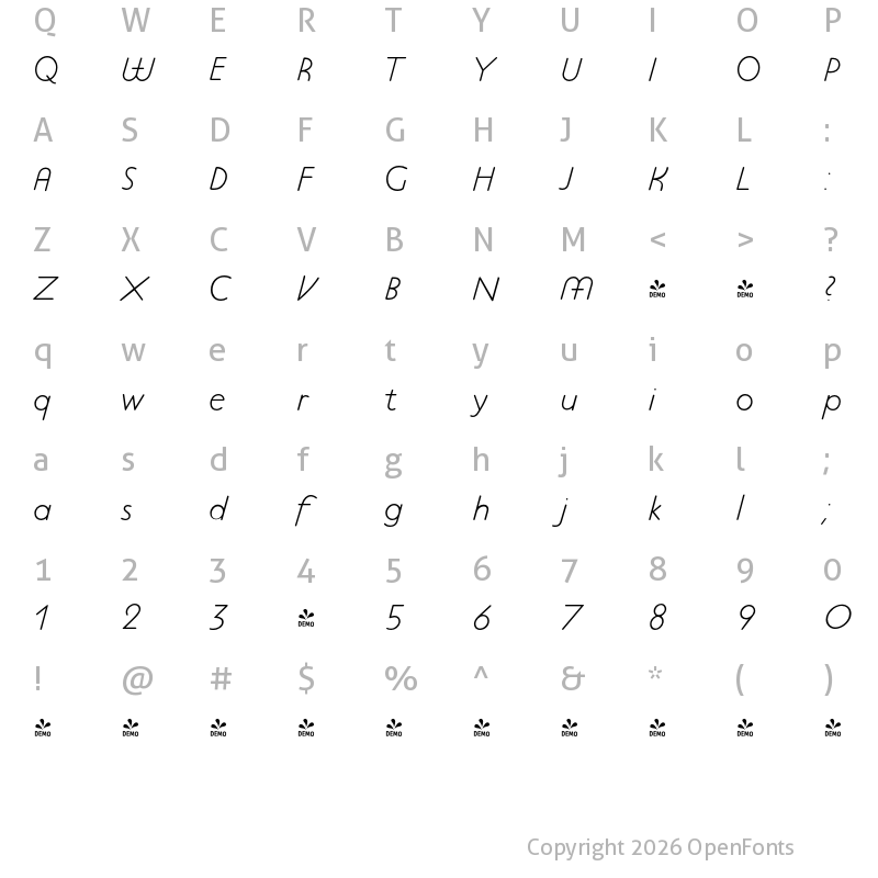 Character Map of FONTSPRING DEMO - P22 Platten Neu Pro Light Italic
