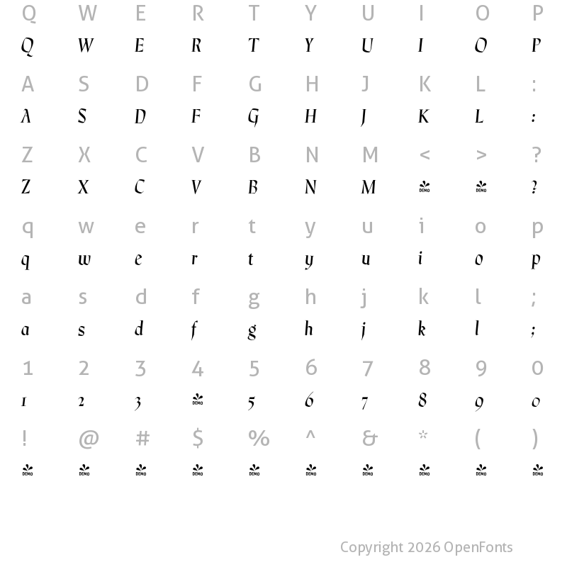 Character Map of FONTSPRING DEMO - P22 Preissig Calligraphic Italic