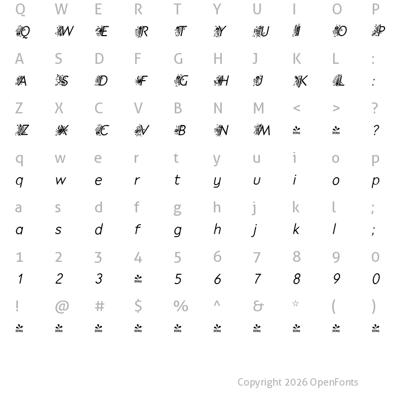 Character Map of FONTSPRING DEMO - P22 Speyside Initials Italic