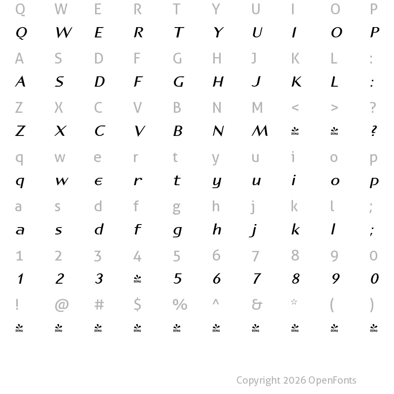 Character Map of FONTSPRING DEMO - P22 Spiggie Bold Italic