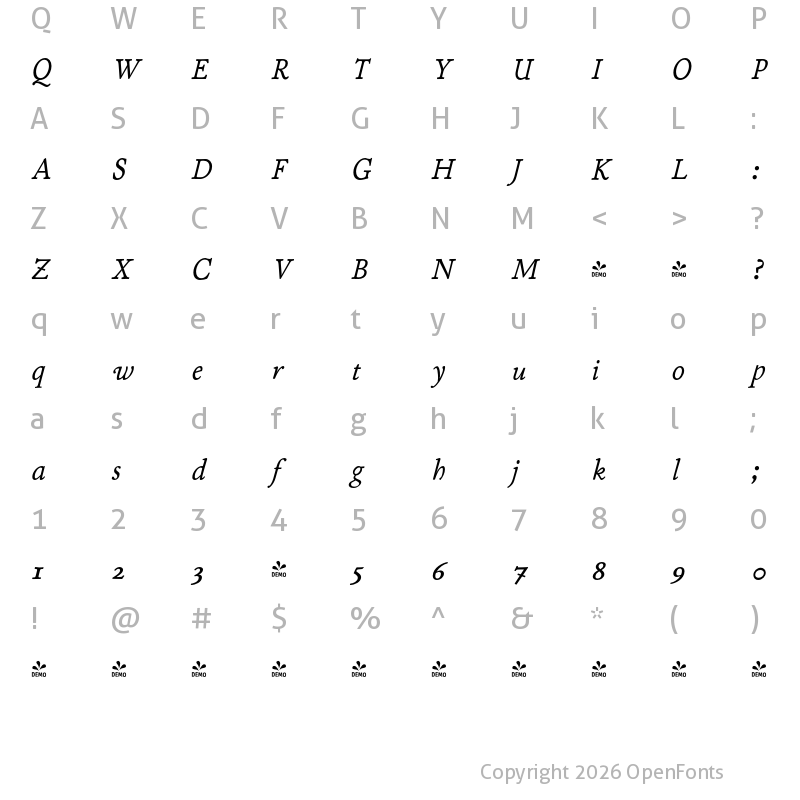 Character Map of FONTSPRING DEMO - P22 Stickley Pro Caption Italic