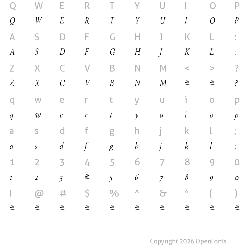 Character Map of FONTSPRING DEMO - P22 Stickley Pro Display Italic