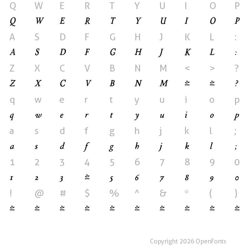 Character Map of FONTSPRING DEMO - P22 Stickley Pro Text Bold Italic