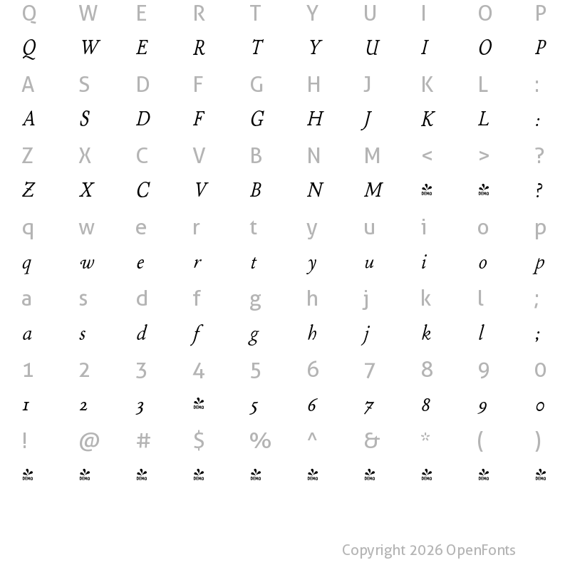 Character Map of FONTSPRING DEMO - P22 Stickley Pro Text Italic