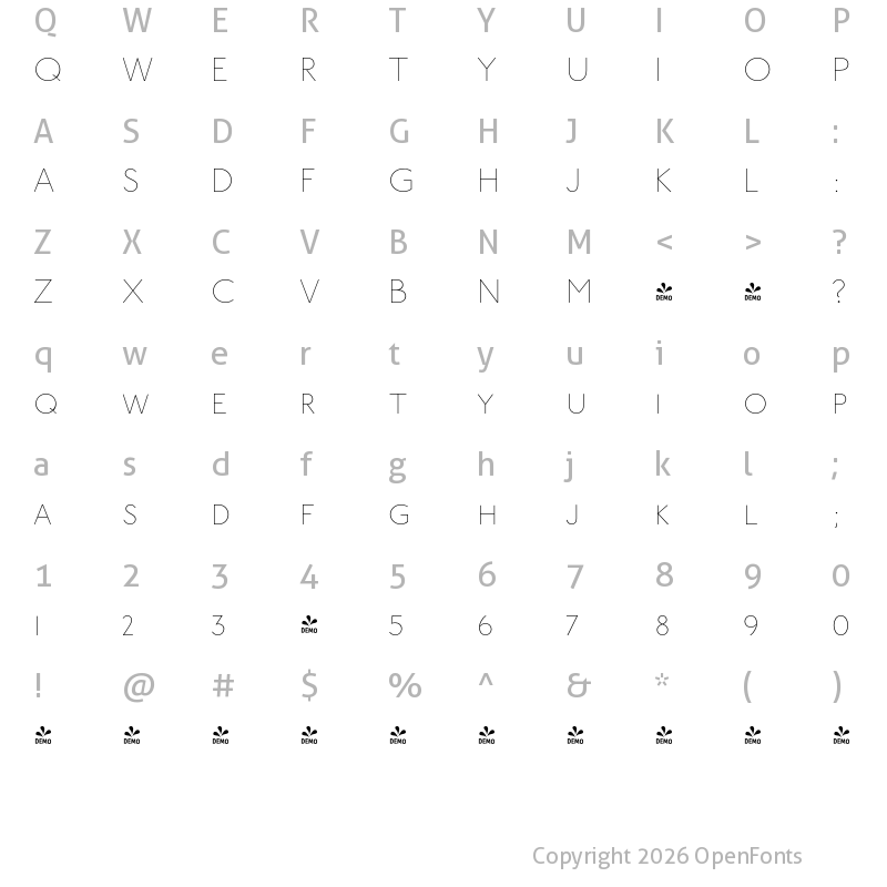 Character Map of FONTSPRING DEMO - P22 Underground Thin SC Regular