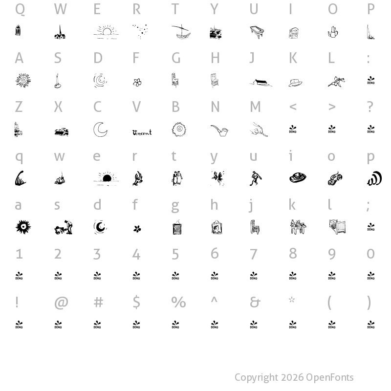Character Map of FONTSPRING DEMO - P22 Vincent Extras Regular