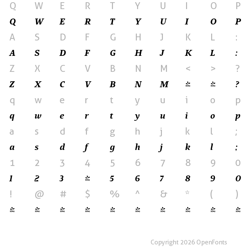 Character Map of FONTSPRING DEMO - Pagewalker Bold Italic