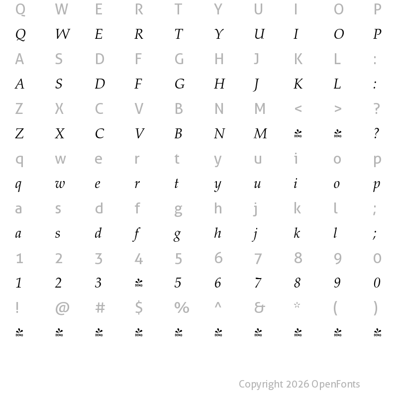 Character Map of FONTSPRING DEMO - Palladio Pro Italic