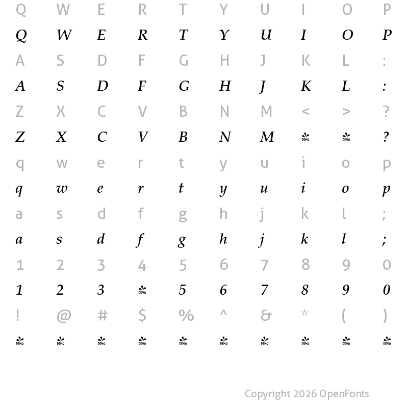 Character Map of FONTSPRING DEMO - Palladio Pro Medium Italic