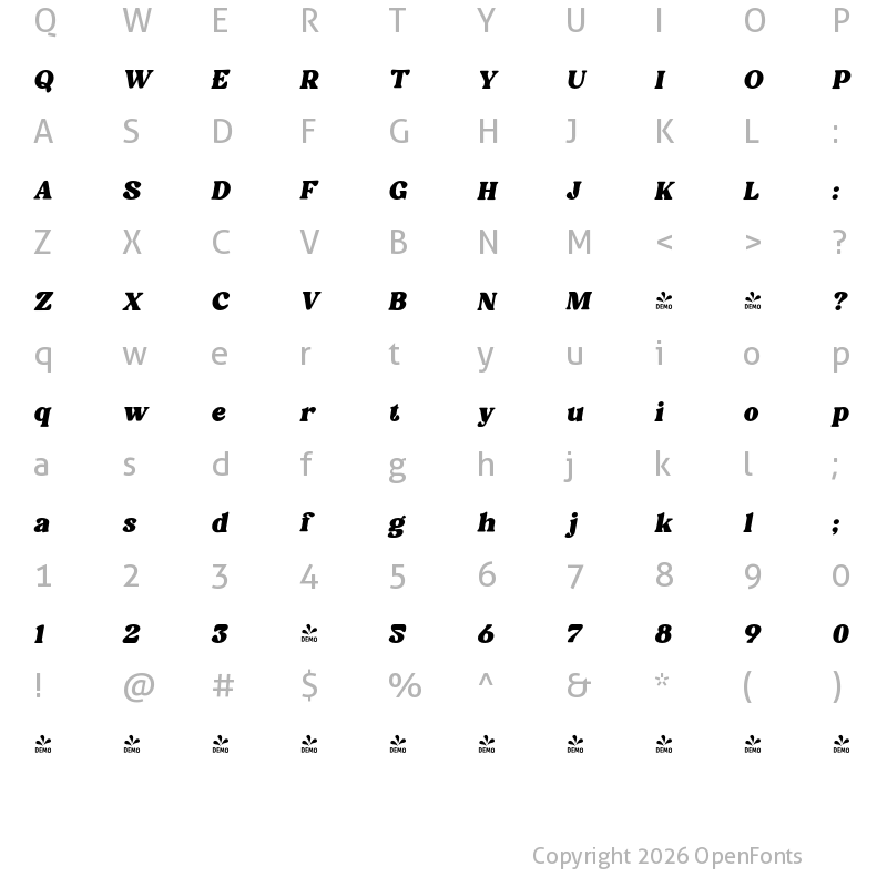 Character Map of FONTSPRING DEMO - Palm Shine Italic