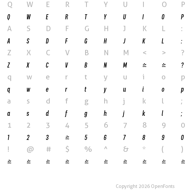 Character Map of FONTSPRING DEMO - Palo Compressed Medium Italic Regular