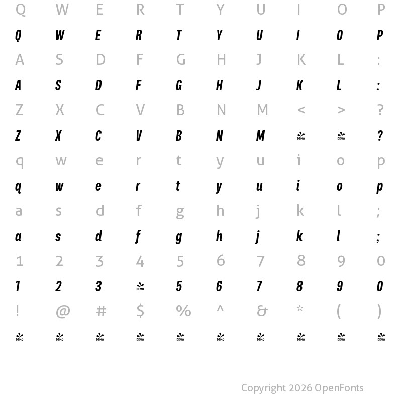Character Map of FONTSPRING DEMO - Palo Compressed Semibold Italic Regular