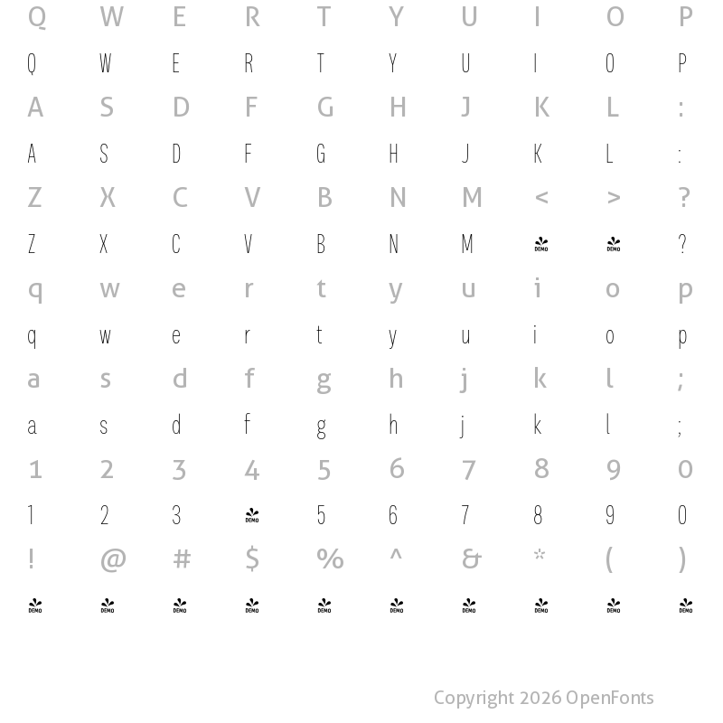 Character Map of FONTSPRING DEMO - Palo Compressed Thin Regular