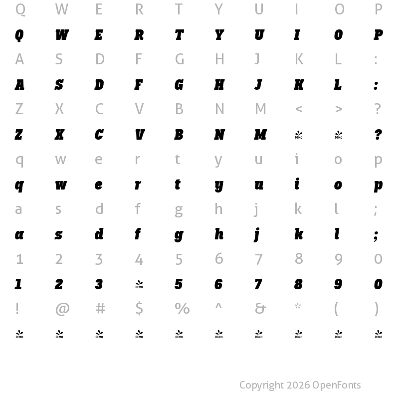 Character Map of FONTSPRING DEMO - Palo Slab Cond Black Italic