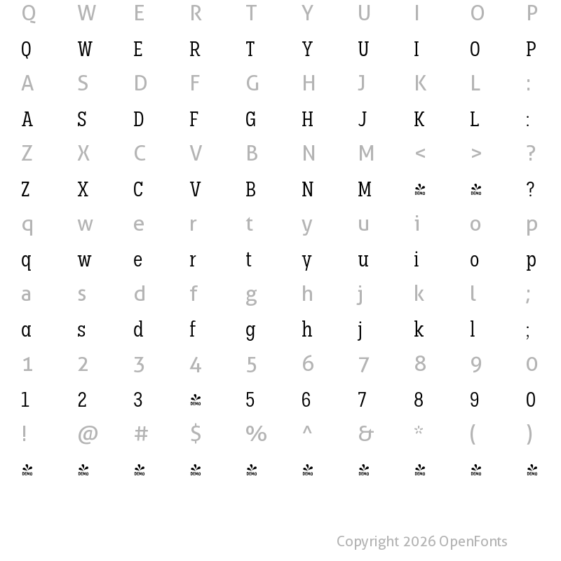 Character Map of FONTSPRING DEMO - Palo Slab Cond Regular